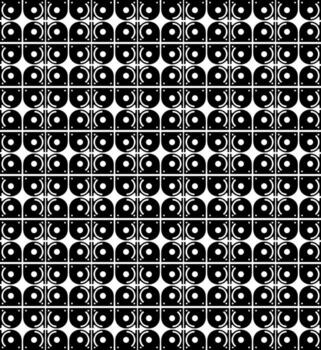 Seamless pattern of black and white geometric shapes featuring semi circles dots and lines vector
