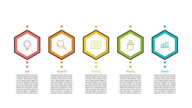 Clean and modern 5 step business process infographic with hexagonal icons. Ideal for strategy, startup concepts, growth plans, and workflows. vector