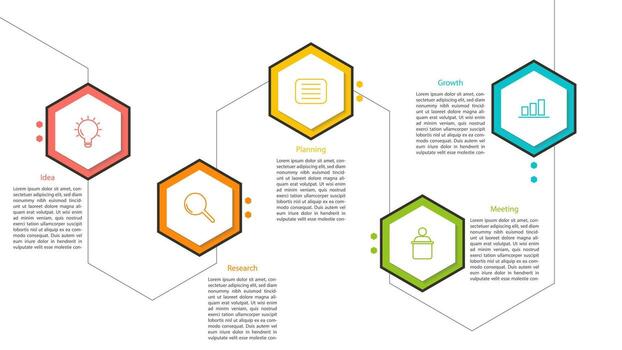 Clean and modern 5 step business process infographic with hexagonal icons. Ideal for strategy, startup concepts, growth plans, and project a workflows. vector