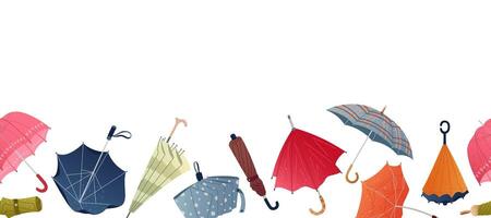 otoño frontera con varios mano dibujado paraguas en diferente formas y colores texturizado otoño diseño con acogedor emoción Perfecto para estacional decoración, tarjetas, encabezados plano ilustración aislado vector
