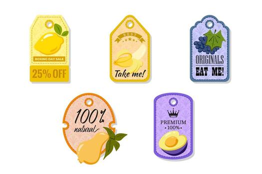 A tag with a hole at the top, elegant and creativity for labeling purposes juices, jams and different foods. Packaging tags with lemon, banana, grape, pear, plum vector
