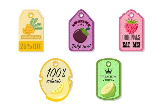 A tag with a hole at the top, elegant and creativity for labeling purposes juices, jams and different foods. Packaging tags with seabuckthorn, mangosteen, raspberry, melon, lime vector
