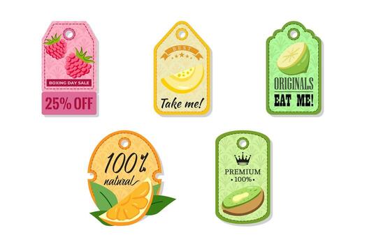 A tag with a hole at the top, elegant and creativity for labeling purposes juices, jams and different foods. Packaging tags with raspberry, melon, lime, orange, kiwi vector
