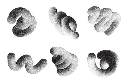 Stipple gradient shapes. 3D wavy lines with noise. Grainy geometric spirals with sand effect. Halftone trendy curved organic objects for modern posters and graphic design vector