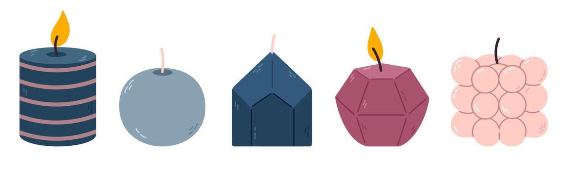 Modern collection of decorative candles in geometric and bubble shapes with soft matte textures vector