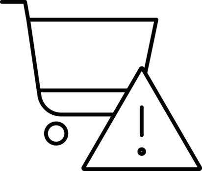 Shopping cart with warning sign, black outline icon, alert symbol, online shopping error, ecommerce caution, minimal style, isolated on transparency background vector