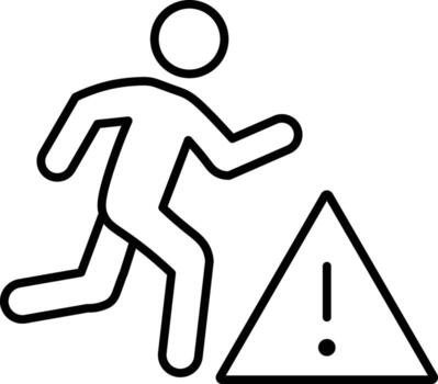 Running person warning sign, stick figure running near caution symbol, black outline, safety alert, hazard risk, simple icon, isolated on transparency background vector