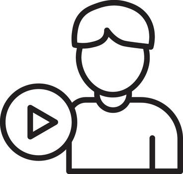Person outline with play button, simple black line icon, representing content creator, online streaming, digital media, or tutorial concept, minimalistic and modern style vector