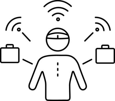 Business person with wireless technology, briefcase, and connectivity symbol, representing modern communication, multitasking, and digital networking in professional environment vector