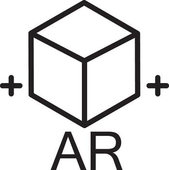 aumentado realidad icono con geométrico cubo, más señales, y negrita Arkansas letras, representando digital tecnología, innovación, y interactivo experiencia en moderno, minimalista estilo vector