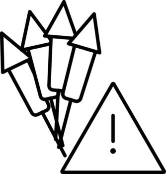Firework safety warning icon, black outline style, features group of fireworks and caution sign with exclamation mark, symbolizing danger and need for careful handling vector