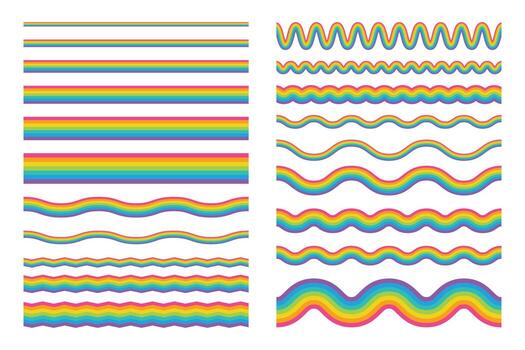 Rainbow Lines and Dividers, Horizontal Stripe Pattern in Straight and Curved and Jagged Shapes. vector