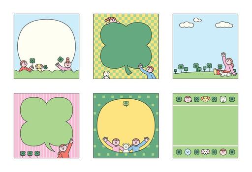 Collection of cute, hand-drawn memo pads or frames featuring children and lucky four-leaf clovers, with blank spaces for text. vector
