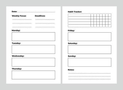 Weekly A5 planner spread with habit tracker, notes, goals, and deadlines in compact layout. vector