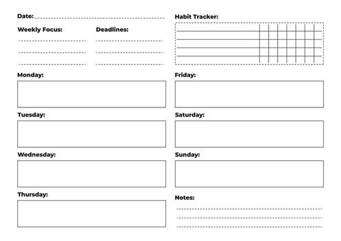 Minimalist weekly planner A4 with habit tracker, notes, goals and deadlines. Daily plan blocks included. vector