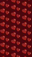 Animated footage featuring a repeating pattern of red pixelated hearts on a dark red background. The hearts subtly shift, creating a charming, nostalgic, and romantic retro vibe. video