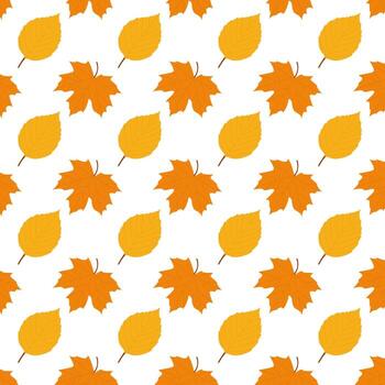 un repitiendo modelo de naranja y amarillo otoño hojas, incluso arce hojas, arreglado en horizontal filas en un blanco antecedentes. vector