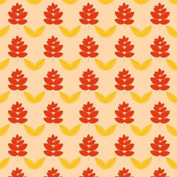 pattern featuring stylized red sumac branches alternating with yellow leaves on a peach background. vector