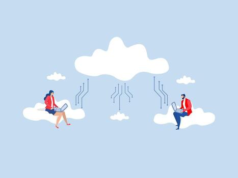 People businessman and woman office employees working with computer laptop on swing suspend on cloud computing, remote work on company cloud infrastructure vector