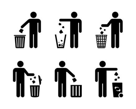 Waste Bin icon set. Throw garbage. Tidy man. Symbol keep clean. Tidy man symbol does not litter icon. Waste disposal icon with person throwing trash into a bin vector