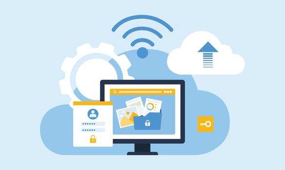 technology cloud storage backup. business cloud computing and datacenter security concept. with administrator and developer team vector