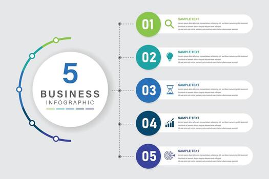 infographic label design with circle infographic template design and 5 options or steps. Can be used for process diagram, presentations, workflow, layout, flow chart, banner vector