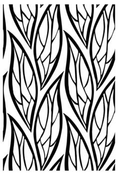 A black and white abstract repeat pattern of stylized leaves with intricate, flowing lines against a white background. vector