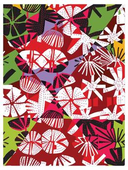 A vibrant abstract pattern of bold, colorful flowers and leaves in red, white, green, and black, with distinctive graphic texture, vector