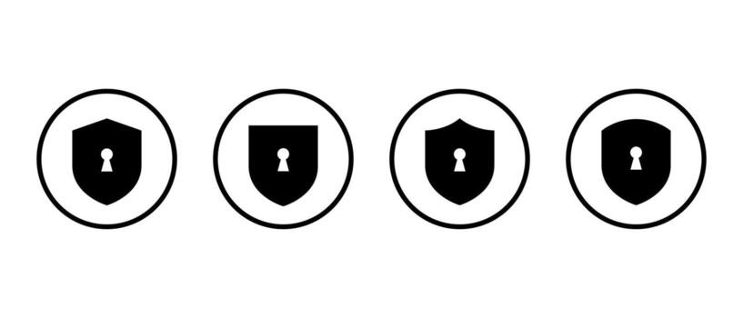 Shield security icon set in circular outline. Lock keyhole symbol in privacy protection badge vector