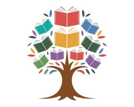 árbol de conocimiento con vistoso abierto libros como hojas vector