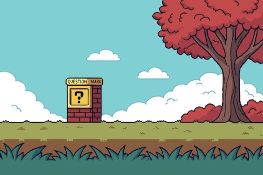 Pixel art question mark block and red tree under blue sky vector