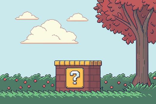 Pixel art question block and red tree in grassy landscape vector