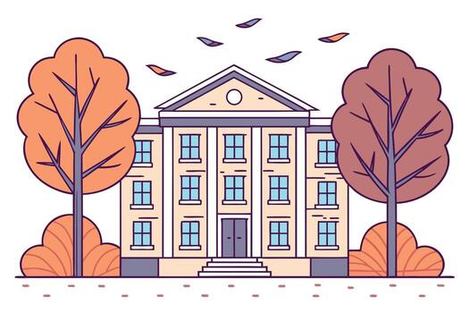 edificio con arboles y volador hojas en blanco antecedentes vector