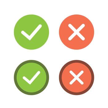 Set of color green and red round check mark and cross mark signs. vector