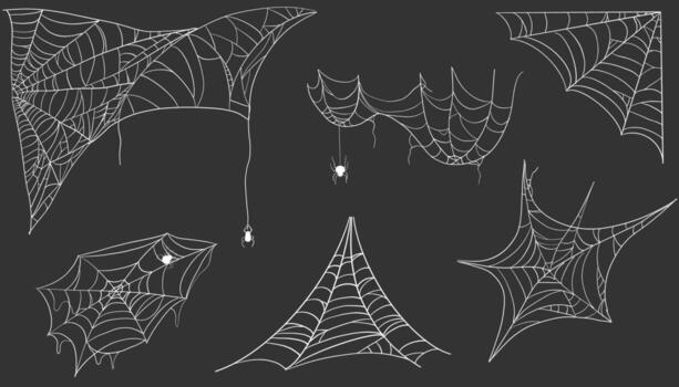 Spiderweb corner set line white border, gothic scary hanging net frame on dark background. Simple spooky halloween decoration. Cobweb spider trap. vector
