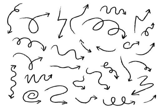 Arrow crayon set chalk hand drawn doodle grunge line set. Cursor scribble wavy swirl, comic simple element. Spiral textured direction pointer. vector