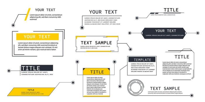 Text box frame, title callout tech hud border menu, title call out labels modern line interface board. Set game elements, web design template text, banner. vector