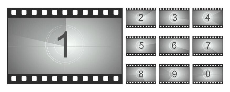 Countdown background movie frame, film intro animation retro screen. Start Timer set, film strip border, Vintage counter. vector