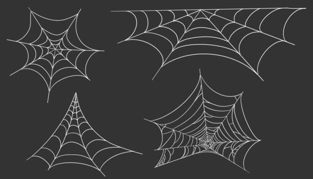 telaraña colección esquina línea blanco borde, gótico de miedo colgando red marco en oscuro antecedentes. sencillo escalofriante Víspera de Todos los Santos decoración. telaraña araña trampa. vector