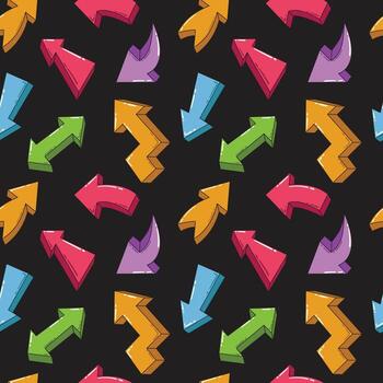 A pattern with colored volume arrows in different directions on a black background vector