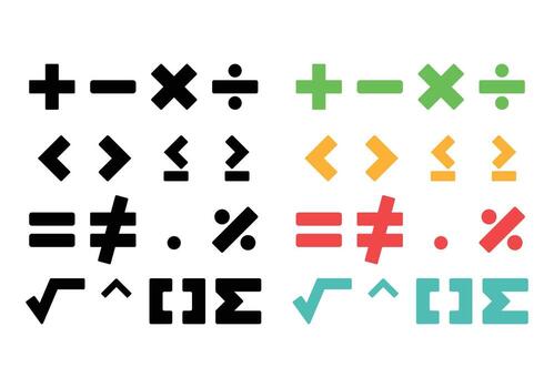 Diverse math symbols are displayed with varying colors and shapes on white background vector