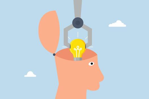 innovation, the robot arm of machine puts light bulb idea on human head metaphor of coming up with a new idea vector