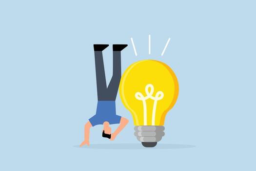 Think different to create unique idea, entrepreneur who contemplates concept with light bulb in different location vector