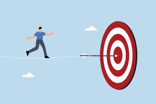 Challenge to overcome difficulty and achieve business target, businessman acrobat walk on rope to reach bullseye dart target vector
