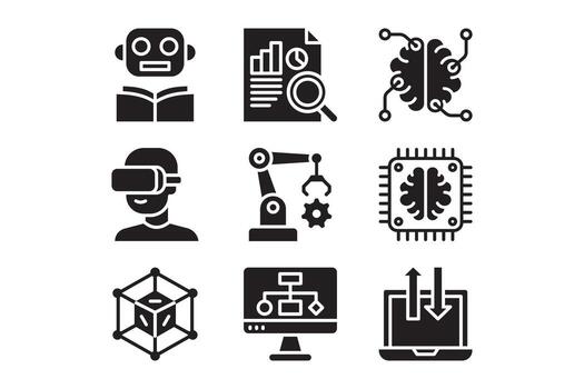 Machine learning technology filled symbol pack. Artificial intelligence silhouette icon set. Virtual reality robotics and automation technology glyph sign collection. illustration vector