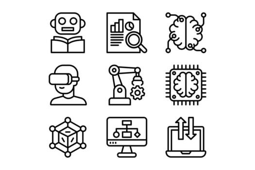 Artificial intelligence outline icon set. AI machine learning technology line art symbol pack. Virtual reality robotics and automation technology linear sign collection. illustration vector