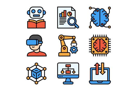 máquina aprendizaje ai tecnología lleno símbolo embalar. artificial inteligencia silueta icono colocar. virtual realidad robótica y automatización tecnología glifo firmar recopilación. ilustración vector