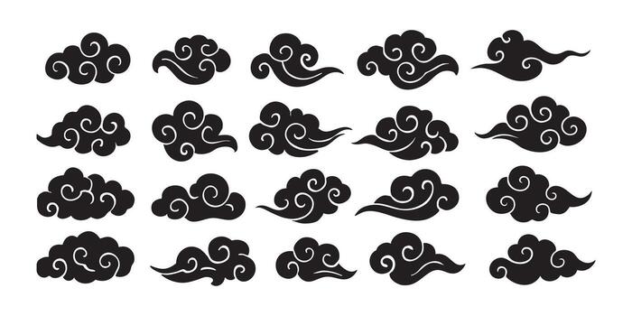 Japanese cloud motif icons in Japanese minimal style offer design with silhouette and modern flair. Flat abstract shapes evoke fog or breeze with smooth motion and zen balance. vector