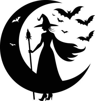 Silhouette of a Witch on a Crescent Moon with Flying Bats in Background vector