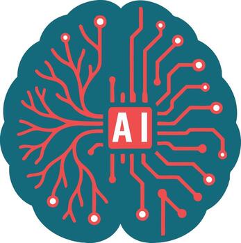 AI Brain Concept Illustration, Half Biological Neurons and Half Digital Circuits Merging into a Central Artificial Intelligence Processor Icon vector